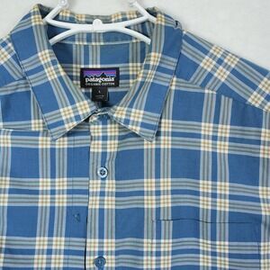 Patagonia Mens Blue Plaid Organic Cotton Short Sleeve Button Up Shirt L 53765